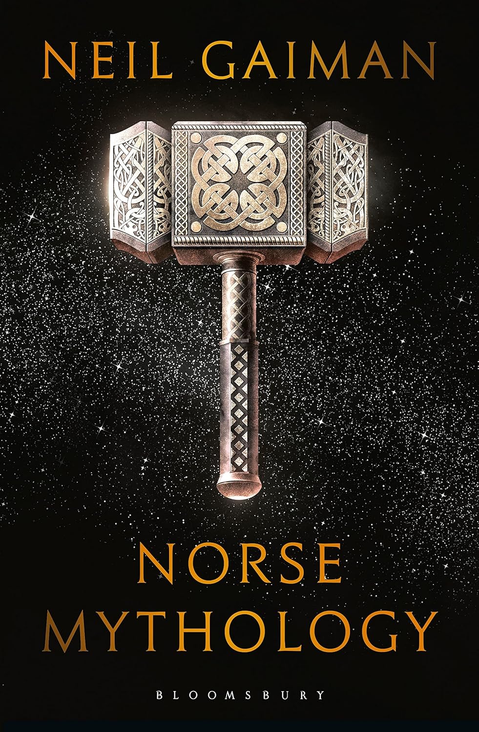 Cover of the book Norse Mythology by Neil Gaiman with Thor's Hammer in the front and space in the background