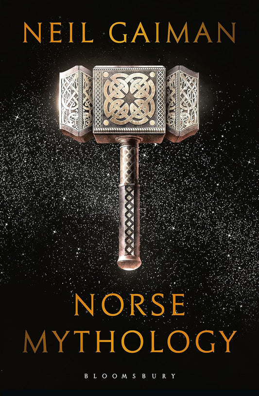 Cover of the book Norse Mythology by Neil Gaiman with Thor's Hammer in the front and space in the background